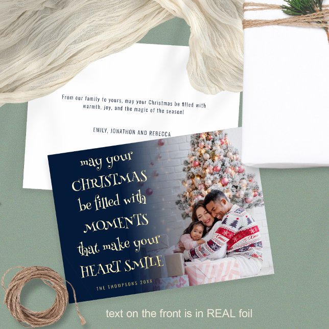 Cosy Christmas Quote Photo Overlay Navy (Front and back view. Luxury real foil printing for the text on the front)