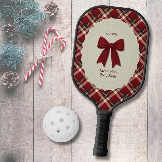 Cosy Christmas Red Plaid and Bow Pickleball Paddle (Cozy red tartan plaid Christmas pickleball paddle. Personalized festive gift for her.)