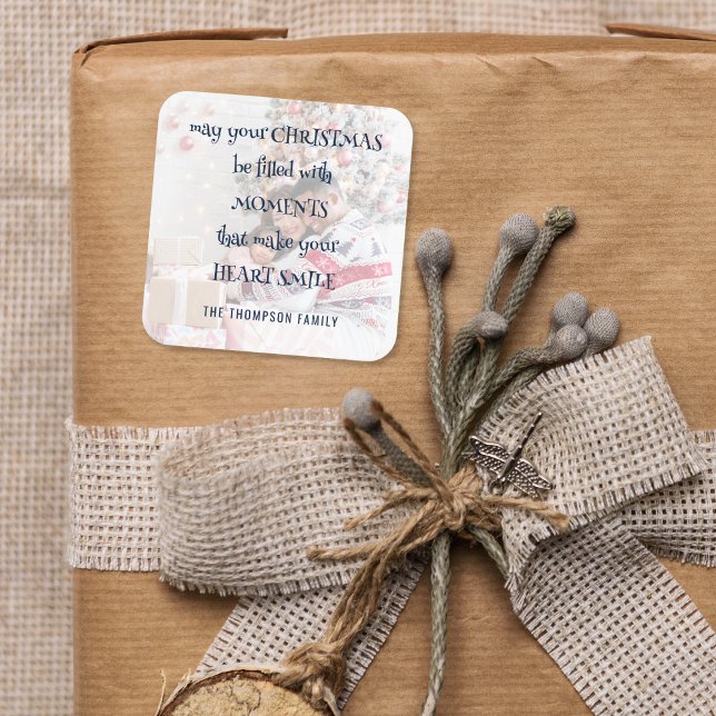 Cosy Christmas Saying Photo Overlay Name Square Sticker (A heartwarming personal touch to add to your festive gifts and mailings)