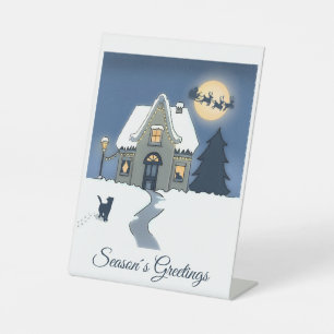 Cosy Christmas scene with House and Cat in Snow Pedestal Sign