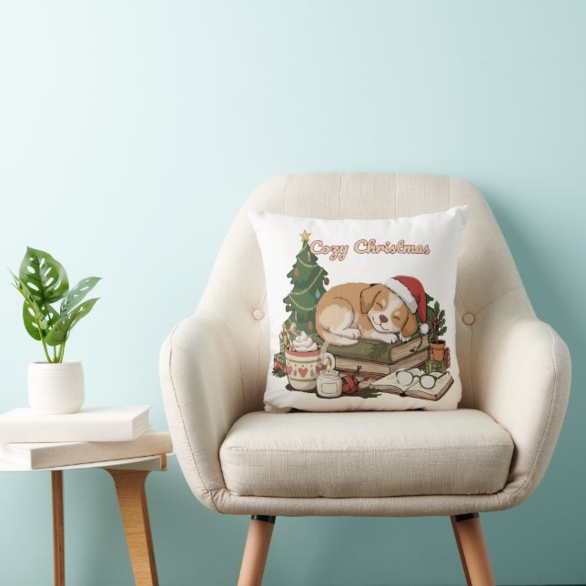 Cosy Christmas Sleeping Puppy & Books Vintage  Cushion (Chair)