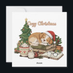 Cosy Christmas Sleeping Puppy & Books Vintage  Holiday Card<br><div class="desc">Embrace the quiet joy of the holidays with this charming and heartwarming design. It features a cute puppy wearing a Santa hat, sleeping peacefully on a stack of vintage books next to a festive Christmas tree. The cosy scene is completed with a warm mug of hot chocolate, a lit candle,...</div>