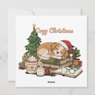 Cosy Christmas Sleeping Puppy & Books Vintage  Holiday Card
