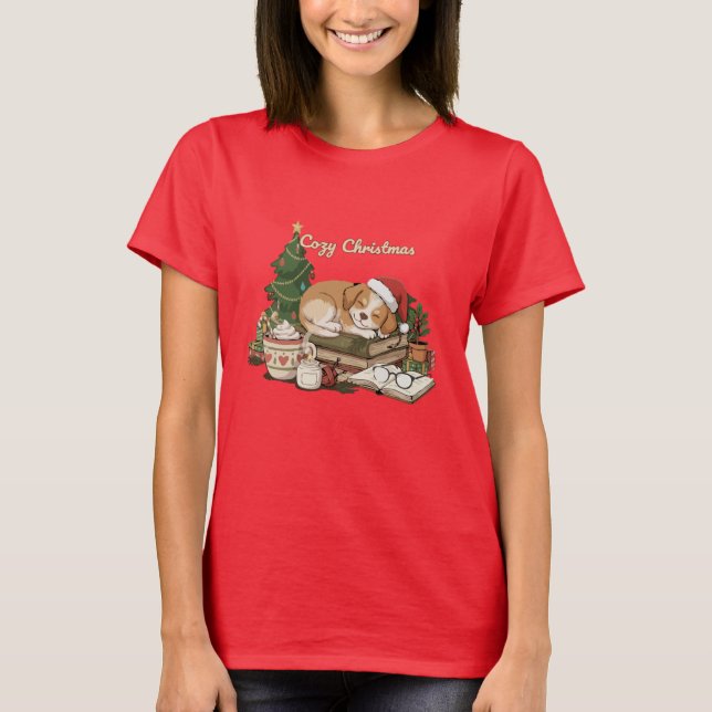 Cosy Christmas Sleeping Puppy & Books Vintage  T-Shirt (Front)