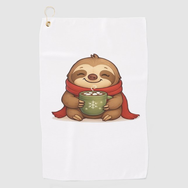 Cosy Christmas Sloth with Hot Chocolate – Cute Win Golf Towel (Front)