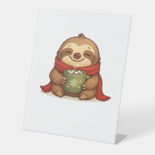 Cosy Christmas Sloth with Hot Chocolate – Cute Win Pedestal Sign