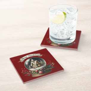 Cosy Christmas Snow Globe Cottage Scene Glass Coaster