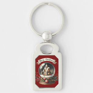 Cosy Christmas Snow Globe Cottage Scene Key Ring