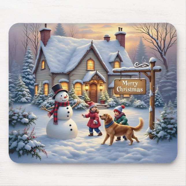 Cosy Christmas Snow Scene Art Mouse Pad (Front)