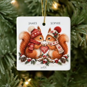 Cosy Christmas Squirrel Couple Scandinavian Love Ceramic Ornament