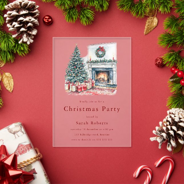 Cosy Christmas Tree & Fireplace Christmas Party  Acrylic Invitations (Insitu (Holiday))