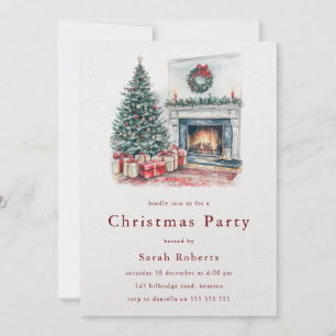 Cosy Christmas Tree & Fireplace Christmas Party  Invitation