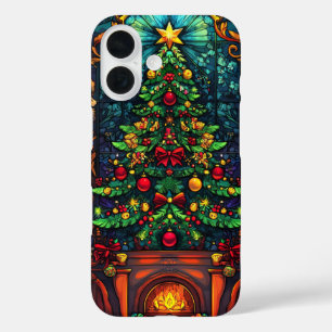 Cosy Christmas Tree Fireplace Stained Glass Art iPhone 16 Case