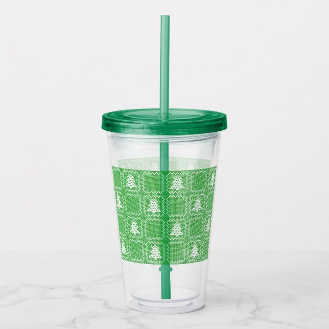 Cosy Christmas tree ugly sweater chequered pattern Acrylic Tumbler (Front)
