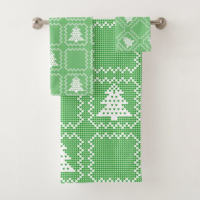 Cosy Christmas tree ugly sweater chequered pattern Bath Towel Set (Insitu)
