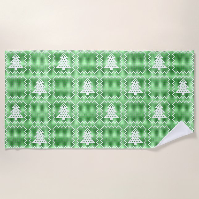 Cosy Christmas tree ugly sweater chequered pattern Beach Towel (Front)