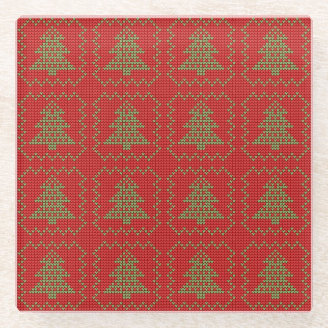 Cosy Christmas tree ugly sweater chequered pattern Glass Coaster (Front)