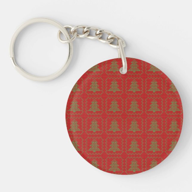 Cosy Christmas tree ugly sweater chequered pattern Key Ring (Front)