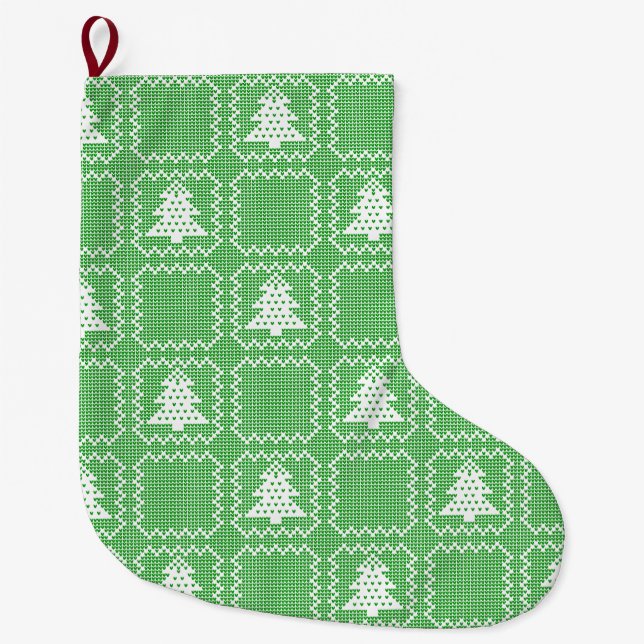 Cosy Christmas tree ugly sweater chequered pattern Large Christmas Stocking (Front)