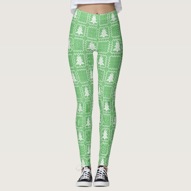 Cosy Christmas tree ugly sweater chequered pattern Leggings (Front)