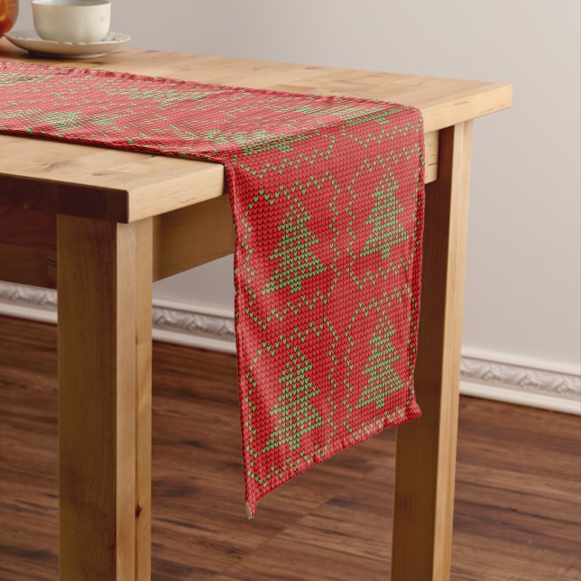 Cosy Christmas tree ugly sweater chequered pattern Long Table Runner (In Situ)