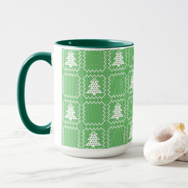 Cosy Christmas tree ugly sweater chequered pattern Mug (With Donut)