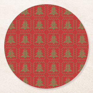 Cosy Christmas tree ugly sweater chequered pattern Round Paper Coaster