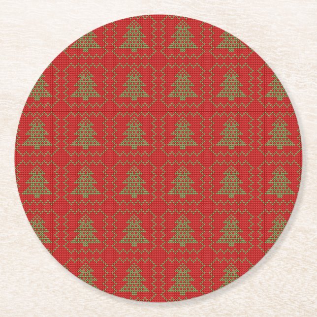 Cosy Christmas tree ugly sweater chequered pattern Round Paper Coaster (Front)