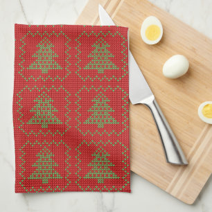 Cosy Christmas tree ugly sweater chequered pattern Tea Towel