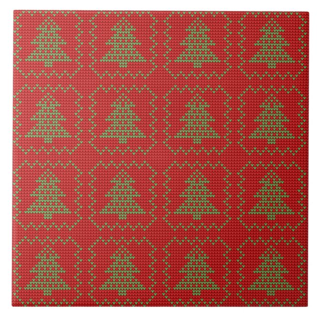 Cosy Christmas tree ugly sweater chequered pattern Tile (Front)