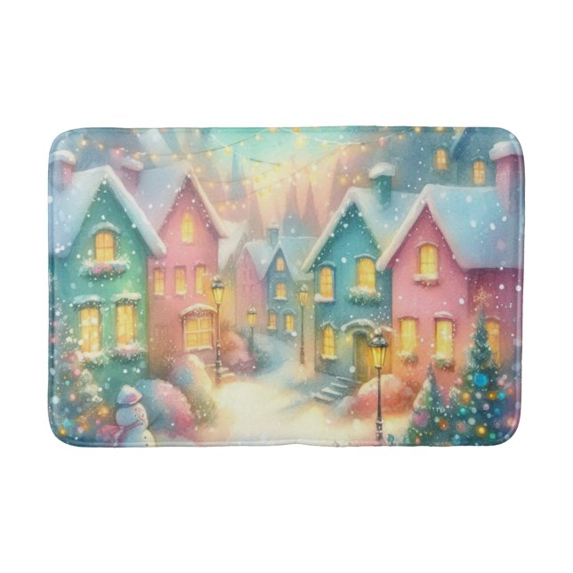 Cosy Christmas Village Illustration | Festive Bath Mat (Front)