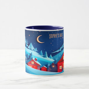 Cosy Christmas Village Scene. Editable name. Mug