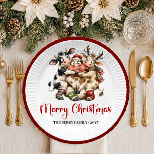 Cosy Christmas whimsical cow red green christmas p Paper Plate