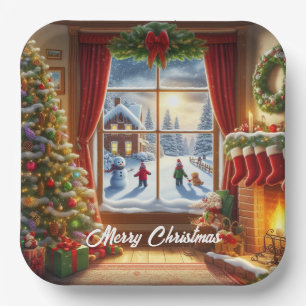 Cosy Christmas Window Scene Paper Plate