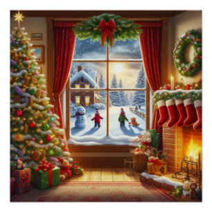 Cosy Christmas Window Scene Poster