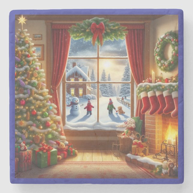 Cosy Christmas Window Scene Stone Coaster (Front)