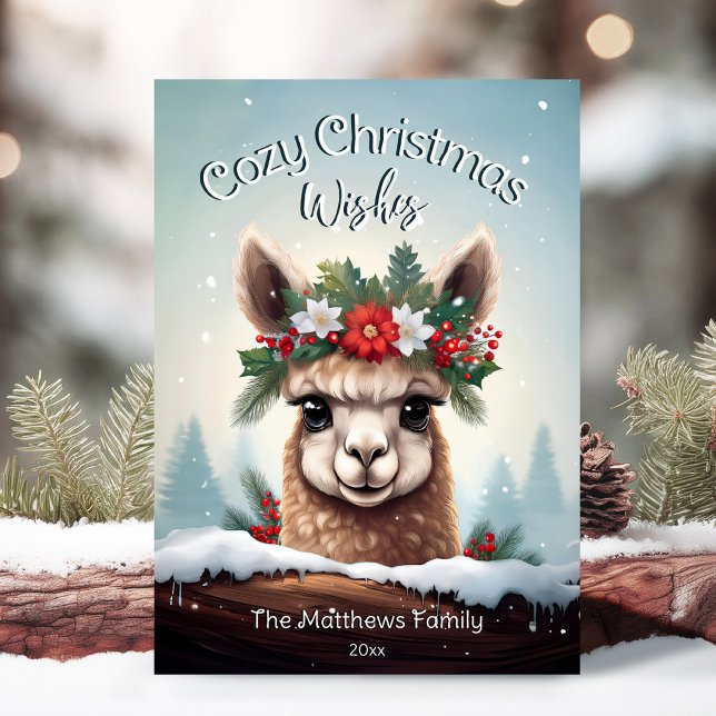 Cosy Christmas Wishes Winter Wonderland Alpaca Holiday Card (Adorable Winter Snowy Scene With Peeking Dogs or Farm/Woodland Animals - Over 50 to Choose From!)