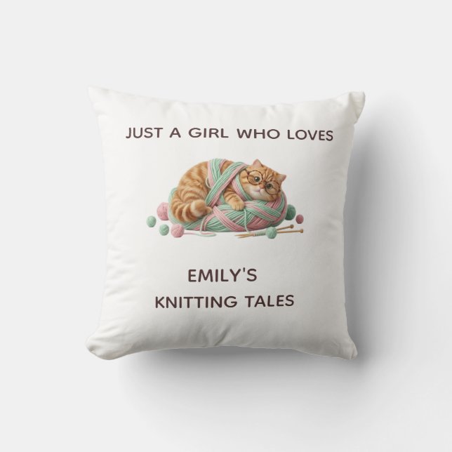 Cosy Chunky Knit Cat Custom Name Knitting Pillow (Front)