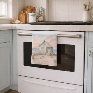 Cosy Coastal Cottage Beach House Watercolor Tea Towel