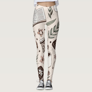 Cosy Coffee & Book Pattern Neutral Aesthetic Leggings
