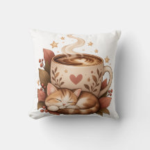 Cosy Coffee Cat Autumn Throw Pillow