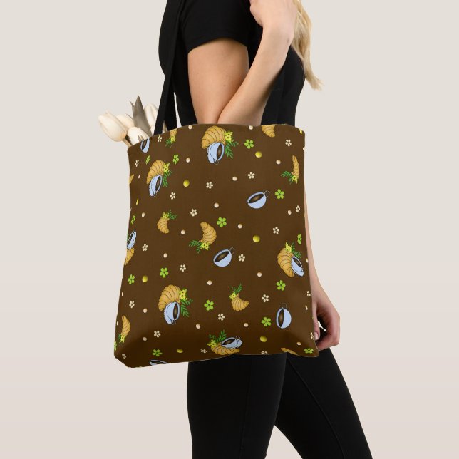 Cosy Coffee & Croissant Floral Pattern | Dark Brow Tote Bag (Close Up)