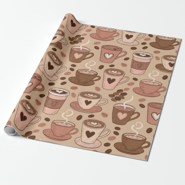 Cosy Coffee Cup Pattern (1) Wrapping Paper (Unrolled)