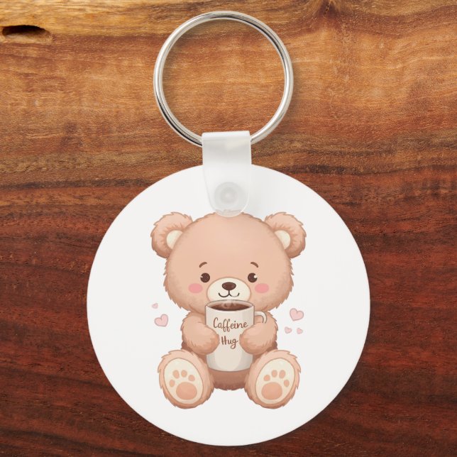 Cosy Coffee Loving Bear Illustration Key Ring (Front)