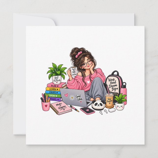 Cosy Coffee Study Girl – Work Hard Dream Big Invitation (Front)