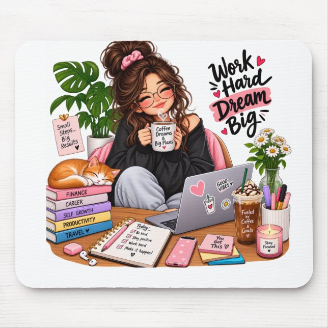 Cosy Coffee Study Girl – Work Hard Dream Big Mouse Pad (Front)