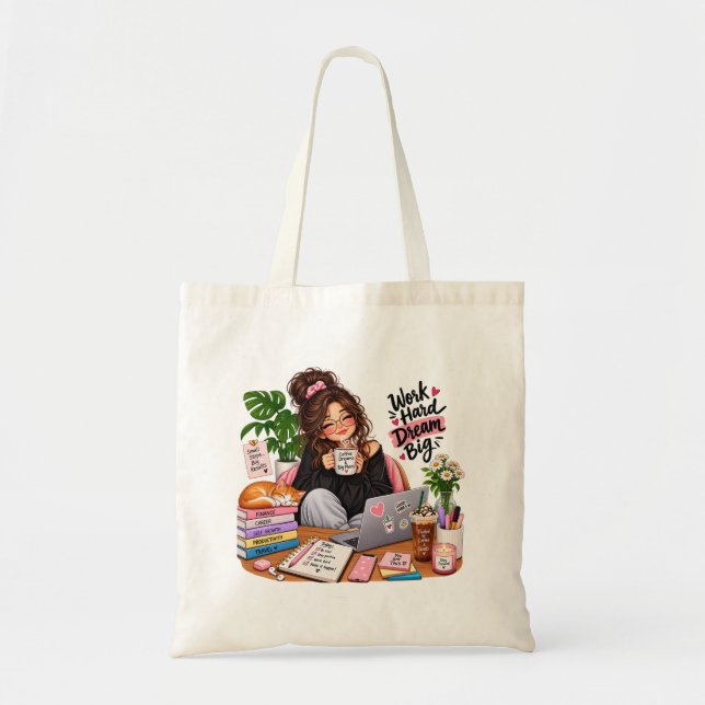 Cosy Coffee Study Girl – Work Hard Dream Big Tote Bag (Front)