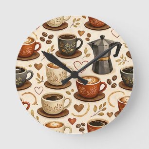 Cosy Coffee Time - Warm Aesthetic Seamless Pattern Round Clock