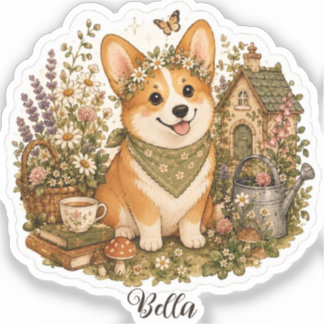 Cosy Cottage Corgi Wildflowers Custom Dog Name