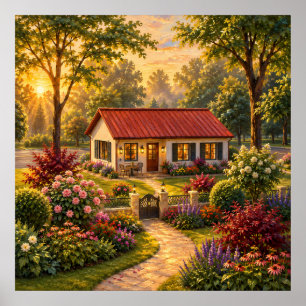 Cosy Cottage Garden at Sunset Oil Painting Print